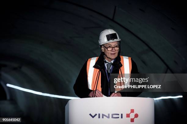 Of French construction group Vinci, Xavier Huillard, delivers a speech during a press conference for the company's new year best wishes in...