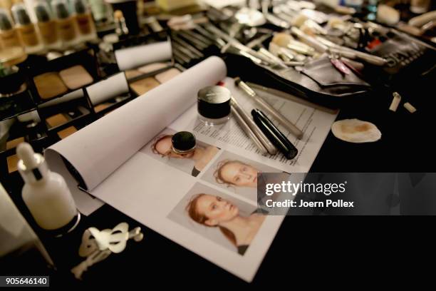 Models prepared backstage ahead of the Riani show during the MBFW January 2018 at ewerk on January 16, 2018 in Berlin, Germany.