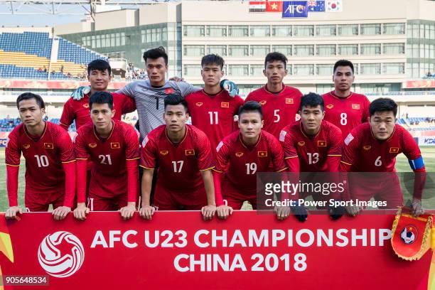Vietnam squad poses for photos during the AFC U23 Championship China 2018 Group D match between Vietnam and Australia at Kunshan Sports Center on 14...