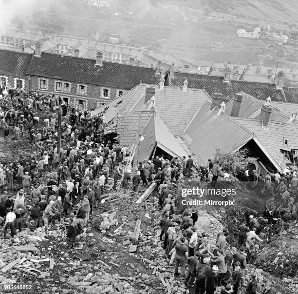 Aberfan, South Wales, circa October 1966: Aerial picture showing The Pantglas Junior School, collapsed under the weight of mud, and the many...