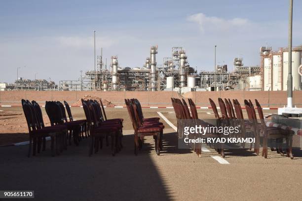 Picture taken on January 16, 2018 at In Amenas gas plant 300 kilometres southeast of Algiers, shows chairs lined up ahead of a ceremony to mark five...