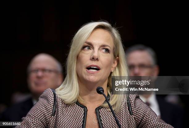 Homeland Security Secretary Kirstjen Nielsen responds to questions from Sen. Richard Durbin while testifying during a hearing held by the Senate...