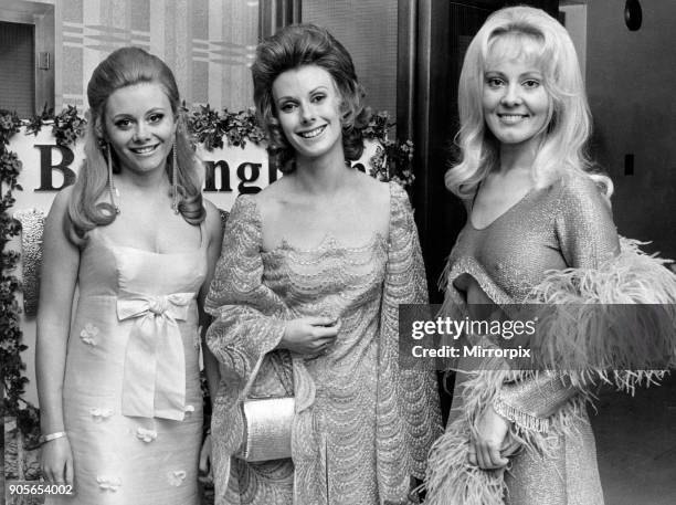 Birmingham Press Club Ball, 27th November 1970. Joan Palmer ATV announcer with the two Golden Shot girls, Anne Aston and Yutte Stensgaard at the...