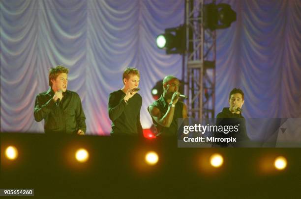 Blue appearing at Showtime - at The Millennium Stadium, Cardiff, Wales United Kingdom Left to right : Duncan James, Lee Ryan, Simon Webbe, Antony...