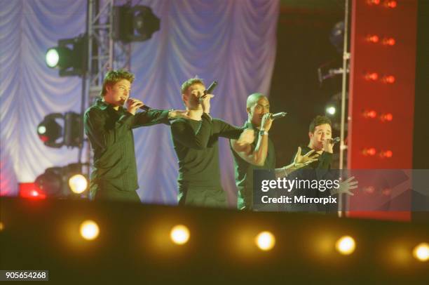 Blue appearing at Showtime - at The Millennium Stadium, Cardiff, Wales United Kingdom Left to right : Duncan James, Lee Ryan, Simon Webbe, Antony...