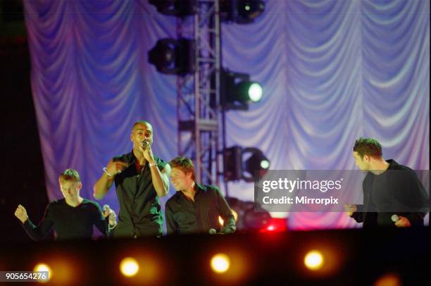 Blue appearing at Showtime - at The Millennium Stadium, Cardiff, Wales United Kingdom Left to right : Lee Ryan, Simon Webbe, Duncan James, Antony...