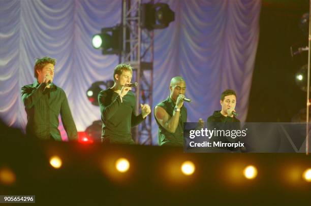 Blue appearing at Showtime - at The Millennium Stadium, Cardiff, Wales United Kingdom Left to right : Duncan James, Lee Ryan, Simon Webbe, Antony...