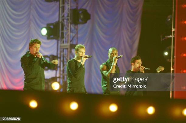 Blue appearing at Showtime - at The Millennium Stadium, Cardiff, Wales United Kingdom Left to right : Duncan James, Lee Ryan, Simon Webbe, Antony...