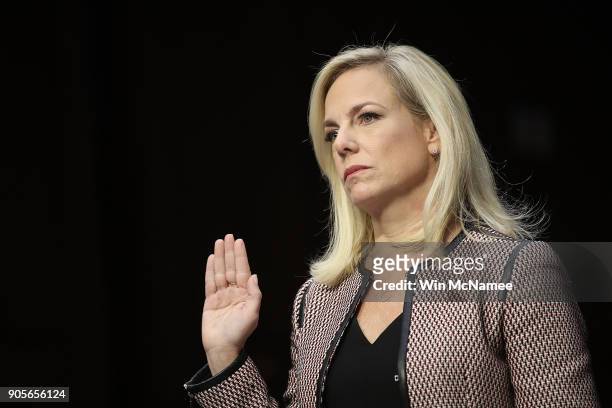Homeland Security Secretary Kirstjen Nielsen is sworn in during a hearing held by the Senate Judiciary Committee January 16, 2018 in Washington, DC....