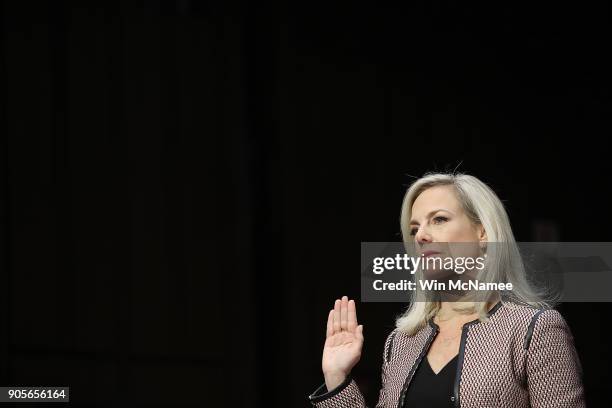 Homeland Security Secretary Kirstjen Nielsen is sworn in during a hearing held by the Senate Judiciary Committee January 16, 2018 in Washington, DC....