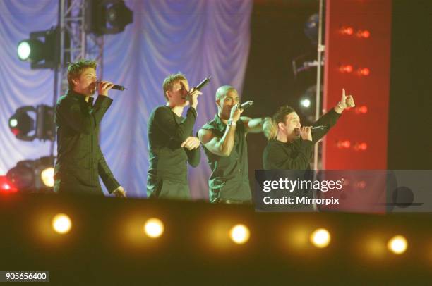 Blue appearing at Showtime - at The Millennium Stadium, Cardiff, Wales United Kingdom Left to right : Duncan James, Lee Ryan, Simon Webbe, Antony...