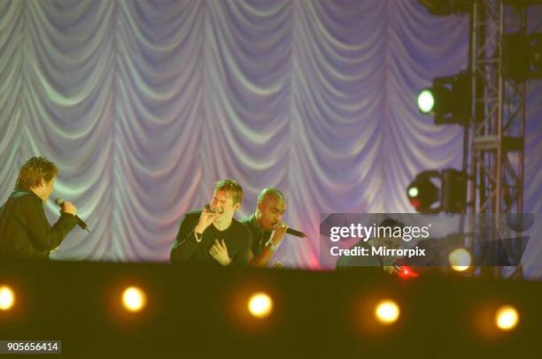 Blue appearing at Showtime - at The Millennium Stadium, Cardiff, Wales United Kingdom Left to right : Duncan James, Lee Ryan, Simon Webbe, Antony...