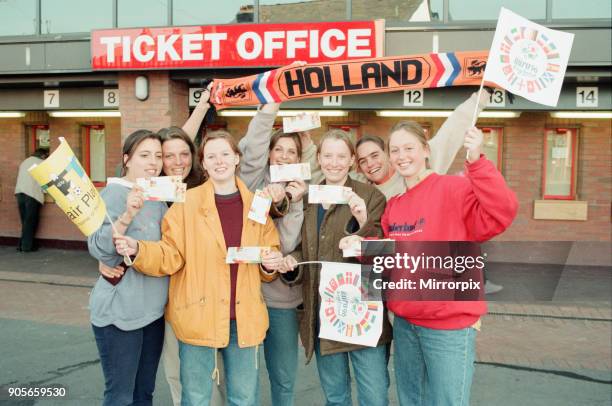 Ticket Queues at Anfield Stadium for Quarter Final match between France and Netherlands, Liverpool, Thursday 20th June 1996. Dutch Football Fans.