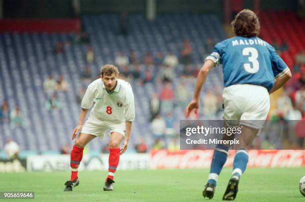 Italy 2-1 Russia, Euro 1996 Group C match at Anfield. Liverpool, Tuesday 11th June 1996. Paolo Maldini & Andrei Kanchelskis.