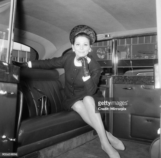 Irina Demick, french actress, in the UK for premiere of new film, Those Magnificent Men in their Flying Machines, in which she plays the multiple...