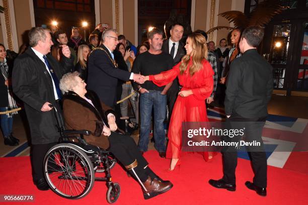 Amanda Holden greets the Mayor Ian Coleman as she attends the 'Britain's Got Talent' Blackpool auditions held at Blackpool Opera House on January 16,...