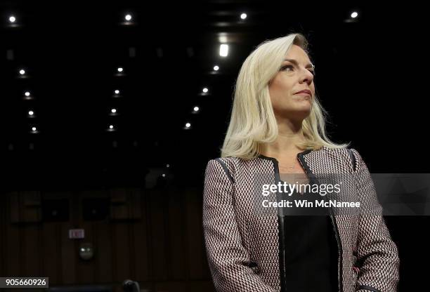 Homeland Security Secretary Kirstjen Nielsen arrives for a hearing held by the Senate Judiciary Committee January 16, 2018 in Washington, DC. Sen....