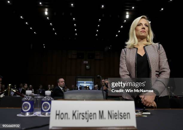 Homeland Security Secretary Kirstjen Nielsen arrives for a hearing held by the Senate Judiciary Committee January 16, 2018 in Washington, DC. Sen....