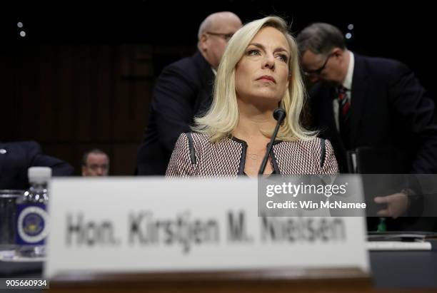 Homeland Security Secretary Kirstjen Nielsen arrives for a hearing held by the Senate Judiciary Committee January 16, 2018 in Washington, DC. Sen....