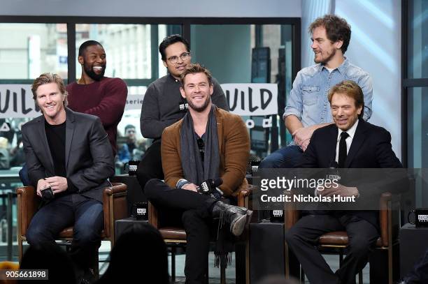 Actors Thad Luckinbill, Trevante Rhodes, Michael Pena, Chris Hemsworth, Michael Shannon and Jerry Bruckheimer attend the Build Series to discuss '12...