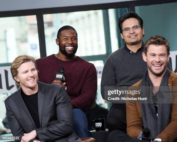 Actors Thad Luckinbill, Trevante Rhodes, Michael Pena and Chris Hemsworth attend the Build Series to discuss '12 Strong' at Build Studio on January...