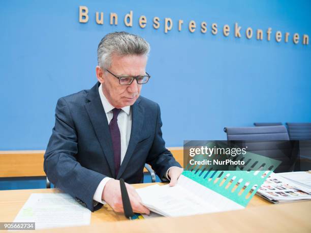 German Interior Minister Thomas de Maiziere is pictured during a press conference at the Bundespressekonferenz in Berlin, Germany on January 16, 2017.