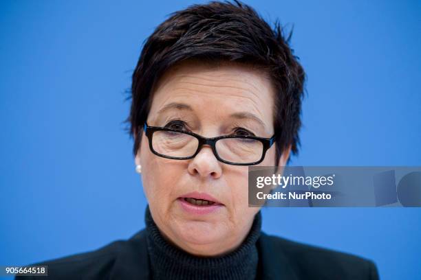 Head of the German Federal Agency for Migration and Refugees Jutta Cordt is pictured during a press conference at the Bundespressekonferenz in...