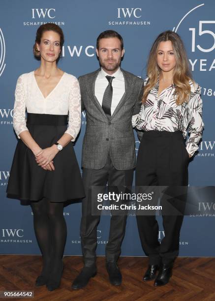 Franziska Gsell, Juan Mata and Evelina Kamph at the IWC booth during the Maison's launch of its Jubilee Collection at the Salon International de la...