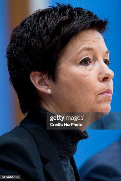 Head of the German Federal Agency for Migration and Refugees Jutta Cordt is pictured during a press conference at the Bundespressekonferenz in...