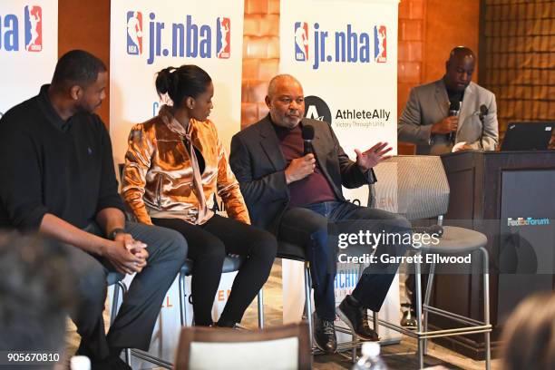 Bernie Bickerstaff speaks to the crowd during a Jr. NBA Panel in honor of Martin Luther King day at FedEx Forum in Memphis, Tennessee on January 15,...