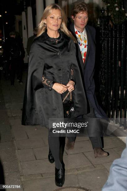 Kate Moss and Count Nikolai von Bismarck arrive to celebrate her 44th birthday at Mark's Club in Mayfair on January 16, 2018 in London, England.