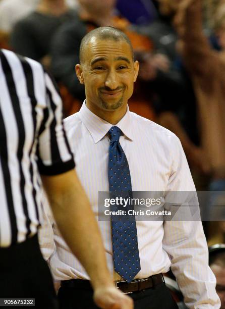 Head coach Shaka Smart of the Texas Longhorns reacts as his team plays the TCU Horned Frogs at the Frank Erwin Center on January 10, 2018 in Austin,...