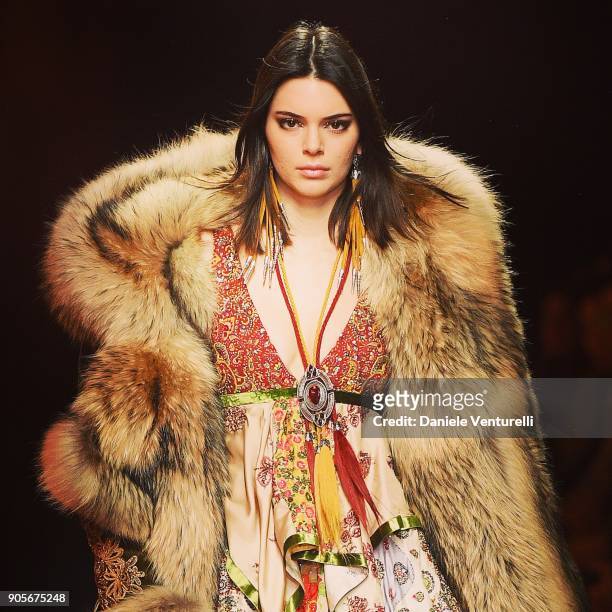 Kendall Jenner walks the runway at the Dsquared2 show during Milan Men's Fashion Week Fall/Winter 2018/19 on January 14, 2018 in Milan, Italy.