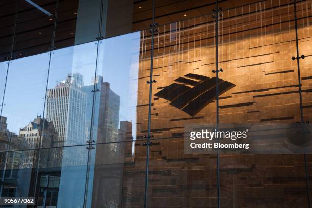 Logo is displayed at the Bank of America Corp. Tower in New York, U.S., on Saturday, Jan. 13, 2018. Bank of America Corp. Is scheduled to release...