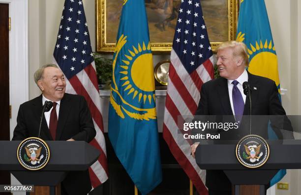 President Donald Trump and President Nursultan Nazarbayev of Kazakhstan hold a joint press conference in the Roosevelt Room of the White House...