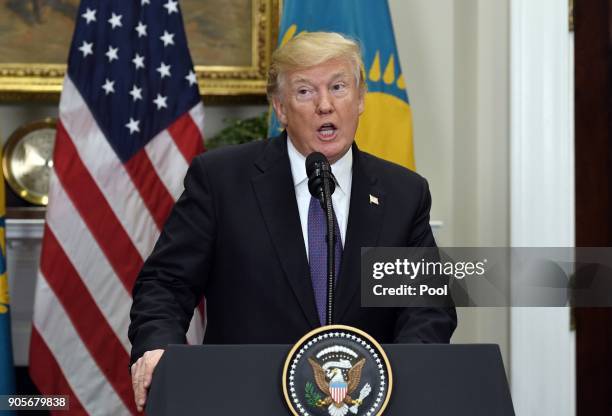 President Donald Trump speaks during a joint press conference with President Nursultan Nazarbayev of Kazakhstan in the Roosevelt Room of the White...