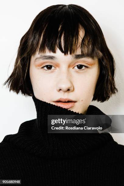 Model is seen backstage ahead of the Sulvam show during Milan Men's Fashion Week Fall/Winter 2018/19 on January 14, 2018 in Milan, Italy.