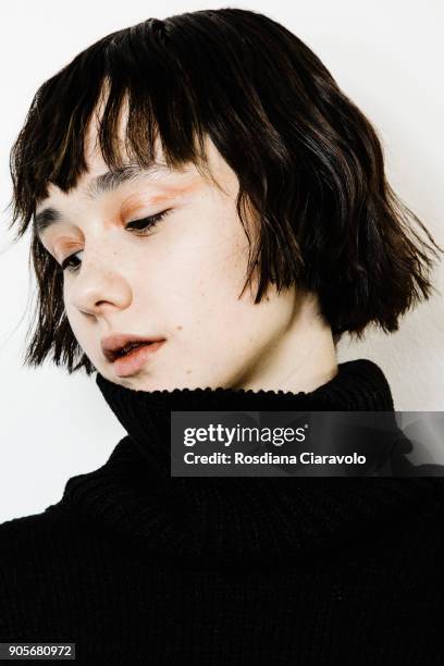 Model is seen backstage ahead of the Sulvam show during Milan Men's Fashion Week Fall/Winter 2018/19 on January 14, 2018 in Milan, Italy.