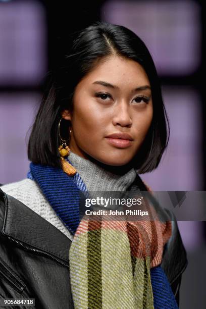 Anuthida Ploypetch walks the runway at the Riani show during the MBFW Berlin January 2018 at ewerk on January 16, 2018 in Berlin, Germany.