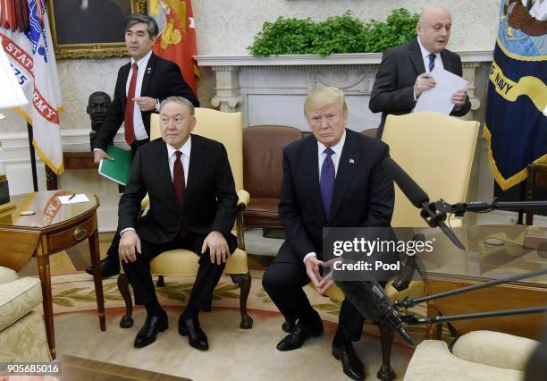 President Donald Trump meets with President Nursultan Nazarbayev of Kazakhstan in the Oval Office at the White House January 16, 2018 in Washington,...