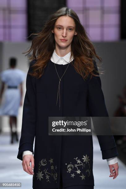 Franziska Mueller walks the runway at the Riani show during the MBFW Berlin January 2018 at ewerk on January 16, 2018 in Berlin, Germany.