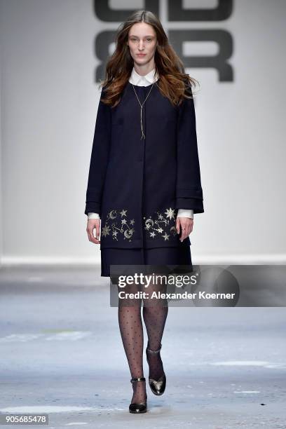 Franziska Mueller walks the runway at the Riani show during the MBFW Berlin January 2018 at ewerk on January 16, 2018 in Berlin, Germany.