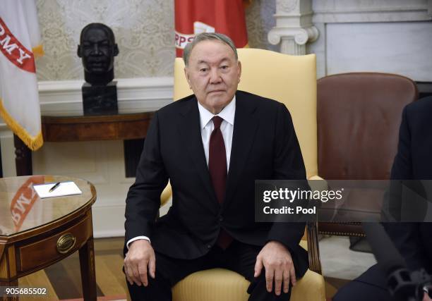 President Nursultan Nazarbayev of Kazakhstan attends a meeting with U.S. President Donald Trump in the Oval Office of the White House January 16,...