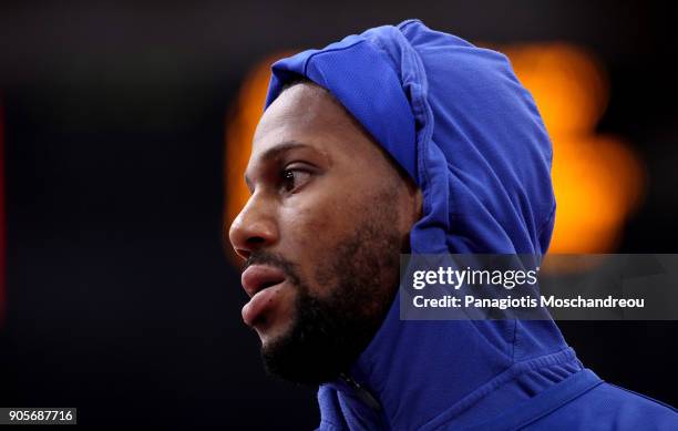 Pierre Jackson, #55 of Maccabi Fox Tel Aviv react before the 2017/2018 Turkish Airlines EuroLeague Regular Season Round 18 game between Olympiacos...