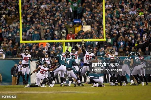 Playoffs: Rear view of Philadelphia Eagles Jake Elliott in action, kicking vs Atlanta Falcons at Lincoln Financial Field. Philadelphia, PA 1/13/2018...