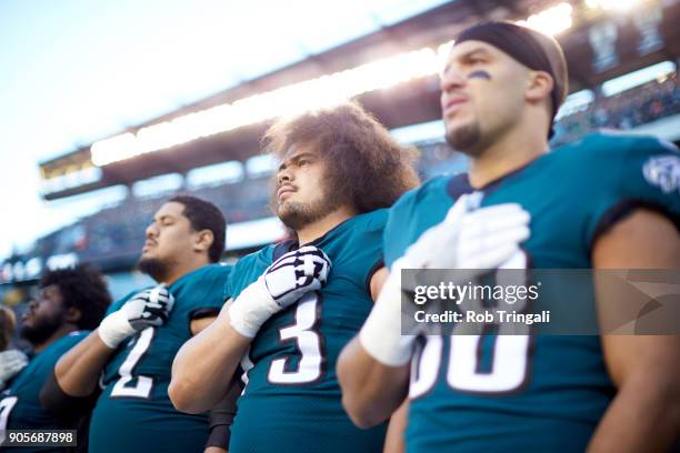 Playoffs: Philadelphia Eagles Issac Seumalo during anthem before game vs Atlanta Falcons at Lincoln Financial Field. Philadelphia, PA 1/13/2018...