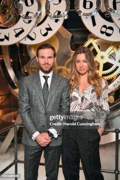 Juan Mata and Evelina Kamph visit the IWC booth during the Maison's launch of its Jubilee Collection at the Salon International de la Haute...