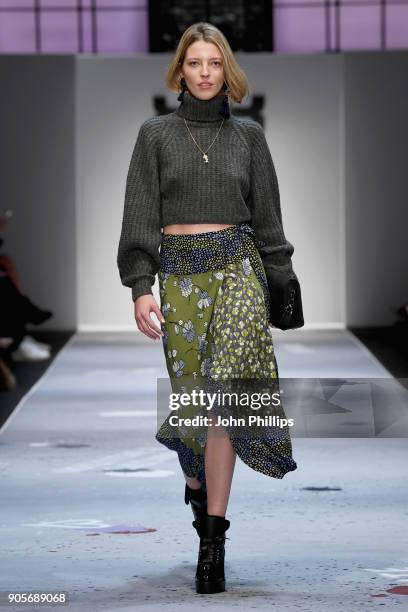 Model walks the runway at the Riani show during the MBFW Berlin January 2018 at ewerk on January 16, 2018 in Berlin, Germany.
