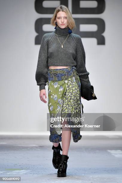 Model walks the runway at the Riani show during the MBFW Berlin January 2018 at ewerk on January 16, 2018 in Berlin, Germany.