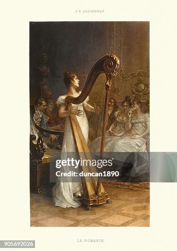 La Romance, Woman playing a harp, 19th Century La Romance, Woman playing a harp, 19th Century